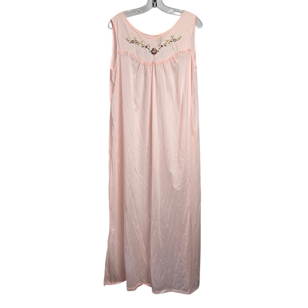 NWT Vintage Katz Long Night Gown Dress Embroidered Flowers Pink Silky Coquette L